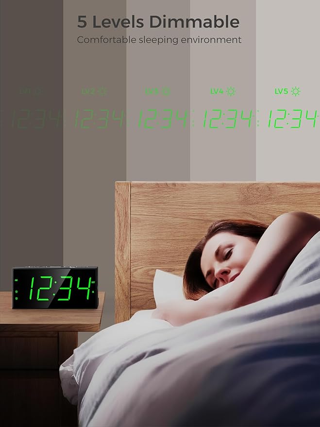 PPLEE Digital Alarm Clock for Bedroom, 2 Alarms Large Big Numbers Display with Dimmer for Living Room, Electric Bedside Desk Clock with Power Adapter, USB Charger, Adjustable Volume, Green LED Display