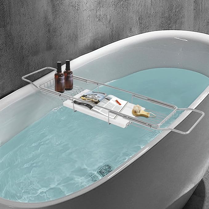 Bathtub Tray & Bathtub Caddy, Expandable Stainless Steel Bath Tub Table with Reading Holder, Adjustable Over The Tub Tray for Bathroom Accessories and Organization