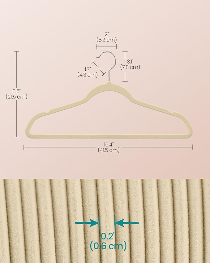 SONGMICS Velvet Hangers 60 Pack, Non-Slip Clothes Hangers with Silver-Colored Swivel Hooks, Slim Space-Saving for Closet, Heavy-Duty, Summer Sand UCRF036LF02S