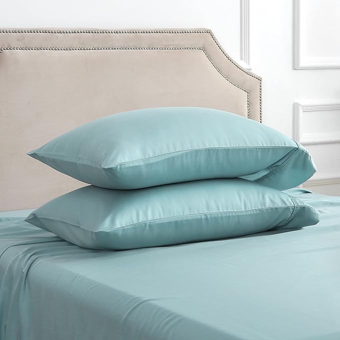 Linen World Lyocell Cooling Bed Sheets Set Queen Size,100% Organically Grown Viscose Sheets,Deep Pocket Up to 16",4 Pieces Silky Soft,Breathable Bedding Sheets & Pillowcases(Ice Blue,Queen)