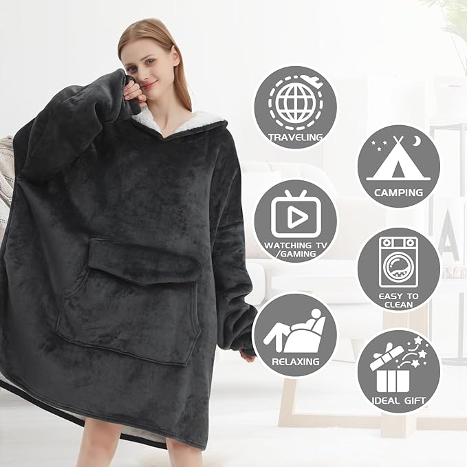 Wearable Blanket Hoodie for Adult,Oversized Sherpa Fleece Blanket Hoodie for Women Men,Grey