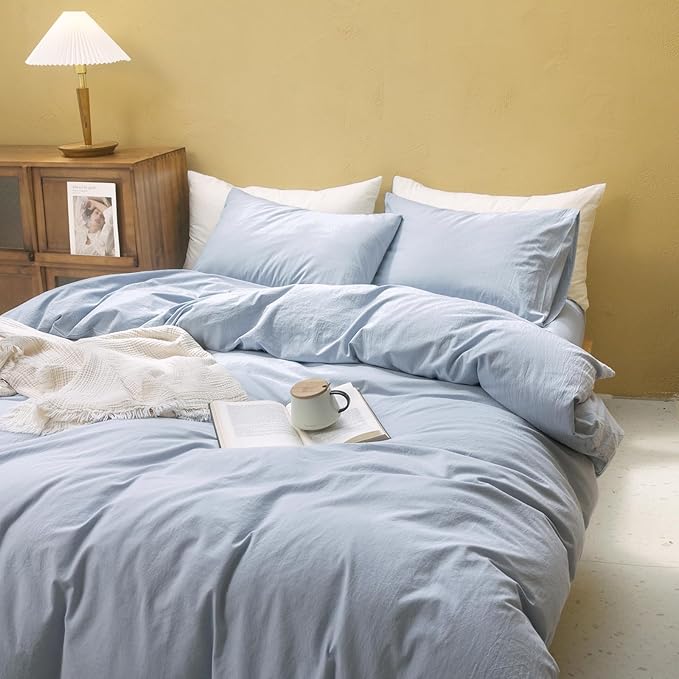 FOSSA Duvet Cover Set 100% Washed Cotton Linen Feel Super Soft Breathable Cozy 3 Pieces Bedding Sets Solid Cornflower Blue Oversized Queen