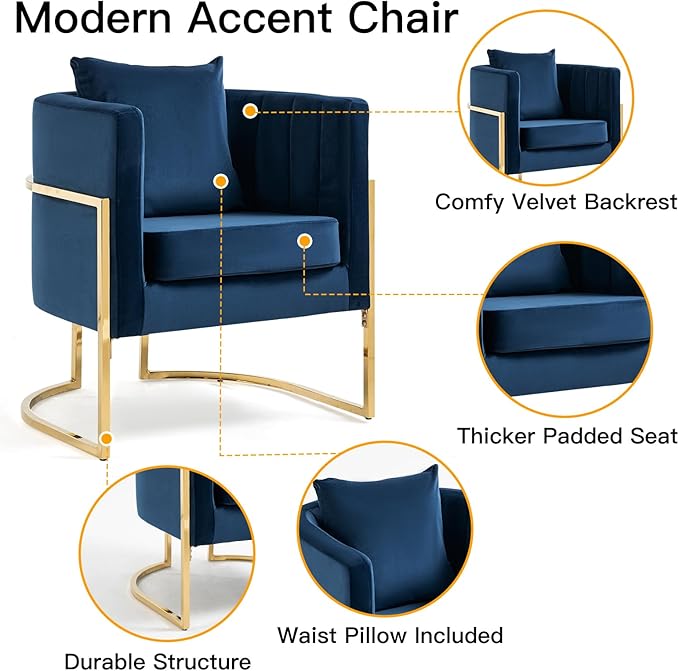 Velvet Modern Accent Chair, Upholstered Barrel Armchair Mid Century with Pillow for Living Room, Comfy Single Vanity Chair with Metal Gold Legs for Bedroom, Blue