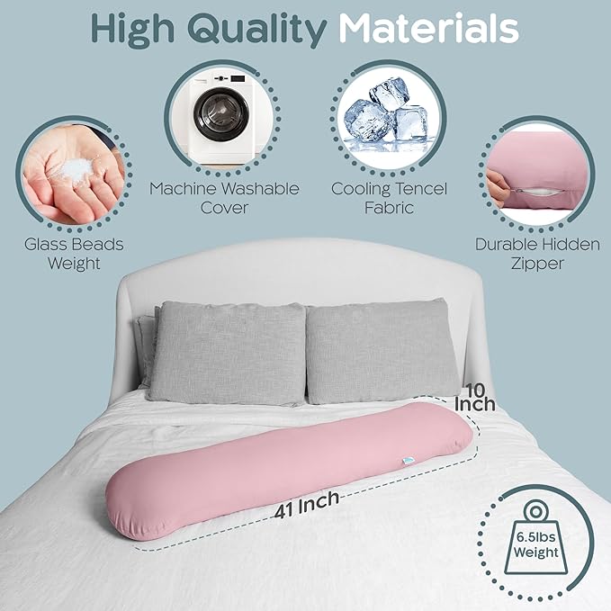 Weighted Body Pillow 6.5lbs - Weighted Pillow for Deeper Sleep (41” x 10”) - Cooling Body Pillows for Adults, Full Body Pillow for Adults, Side Sleeper Body Pillows with Cover (Blossom)