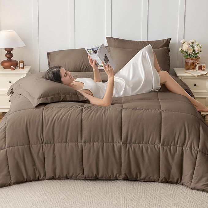 JOLLYVOGUE King Comforter Set, Ultra-Soft Bed in a Bag King Size 7 Pieces, Oeko-TEX Certified Bedding Set with Down Alternative Comforter, Sheets, Pillowcases & Shams, Brown