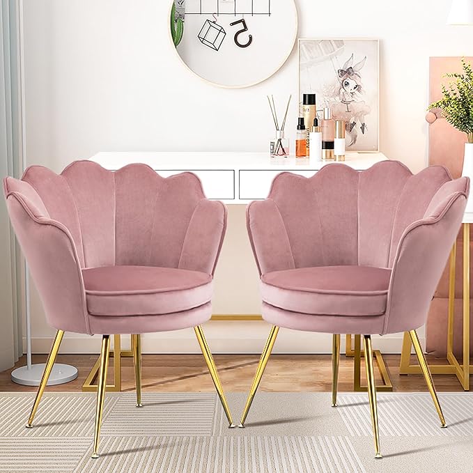 Accent Chairs Set of 2, Velvet Vanity Chair with Back, Mid-Century Modern Small Accent Chair for Living Room, Golden Metal Legs Upholstered Makeup Chair, Bedroom Armchair, Pink