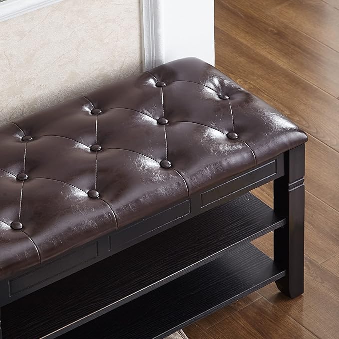 Shoe Storage Bench with Cushion, Entry Bench with Storage Solid Wood Shoe Bench Ideal for Entryway Living Room and Corridor (Black, 39.4'')