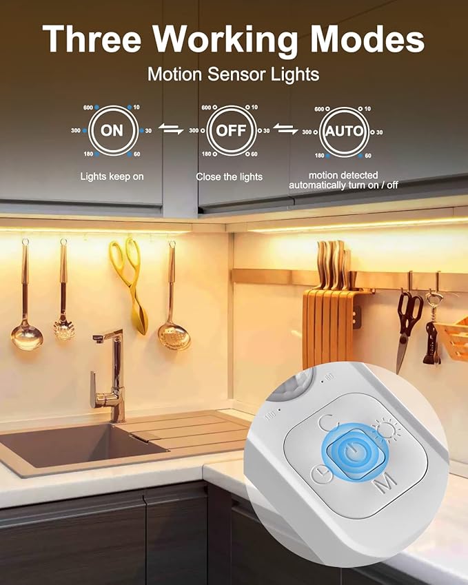 Motion Sensor Led Light Strip - Under Cabinet Lighting with Power Adapter, 6 Adjustable Brightness and Timing, Light Strips for Kitchen Cabinets, Stair, Showcase, Bedroom, 16.4ft 3000K WarmWhite