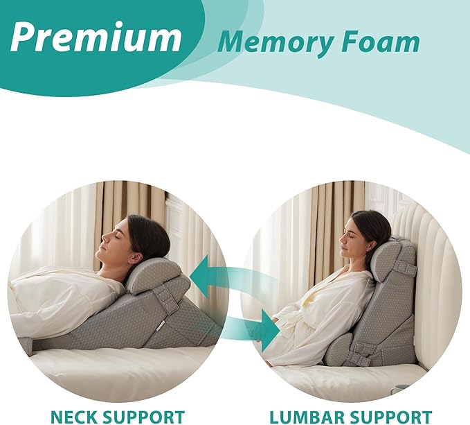 Bedluxe Adjustable 4pcs Bed Wedge Pillow Set, Memory Foam Wedge Pillows Post Surgery for Back, Neck, Leg Pain Relief, Pillow Wedge for Sleeping, Sitting up in Bed, Acid Reflux and GERD, Grey