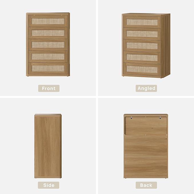 SICOTAS Tall Dresser for Bedroom - Rattan 5 Drawer Dressers Chest of Drawers with Push-to-Open Design, Modern Extra Deep Clothes Dresser with Large Storage for Closet, Living Room, Amber Oak