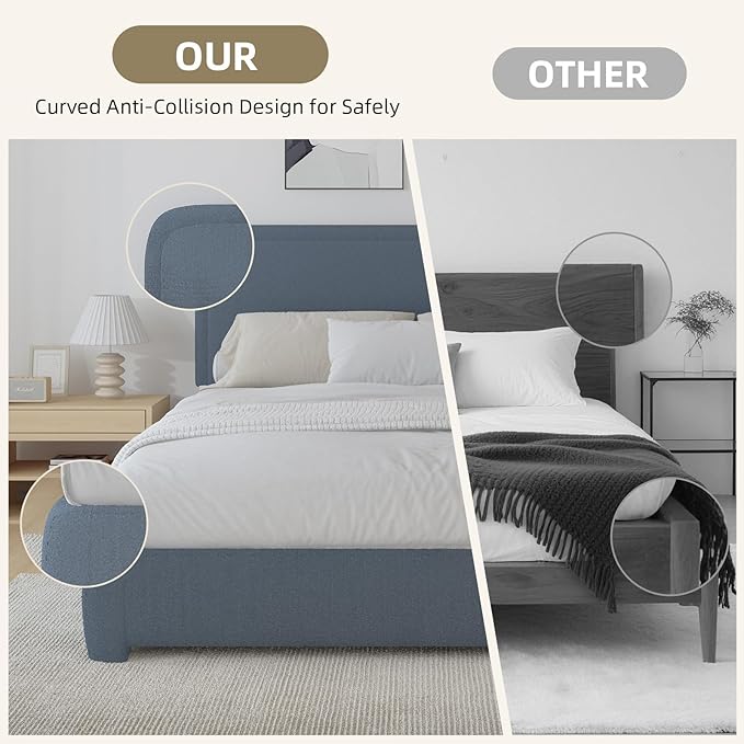 BarnFurin Full Size Bed Frame,Cloud Boucle Upholstered Platform Bed Frame with Headboard, Modern Style, Soft Rounded Corners, No Box Spring Required, Easy Assembly, Blue