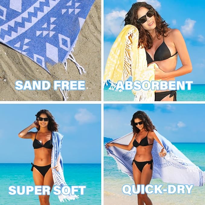 2 Pack Turkish Beach Towel Quick Dry Absorbent Cotton Lightweight Thin Bathroom Bath Pool Swim Towels Extra Large Oversized Sand Free Beach Accessories Essentials Stuff Cloud Adults Gift