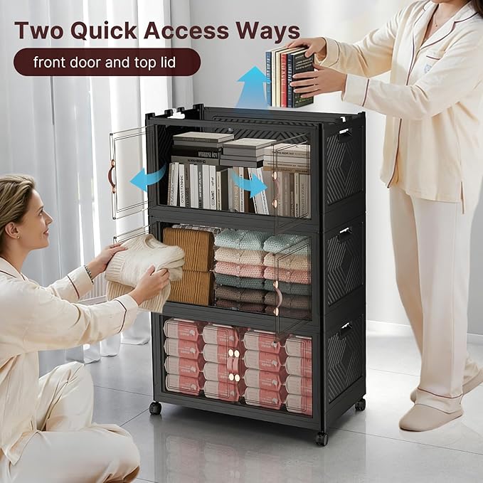 360Qt Stackable Storage Bins with Lids, 3 Pack Large Collapsible Bins with Wheels, Plastic Cabinet with Doors, Foldable Closet Organizers and Storage for Home, Dorm, Office, Black