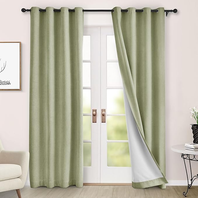 Macochico 100% Blackout Chenille Curtains for Living Room Classic Chenille Window Curtain Panels Thermal Drapes for Bedroom Hotel Grommet Curtains with Tieback Green Tint 84" Wx96 L 1 Panel