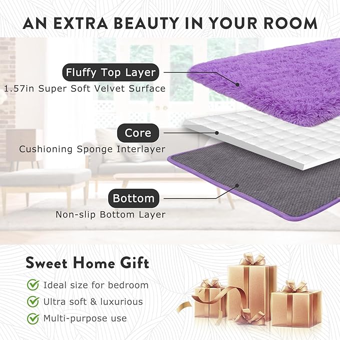 Fluffy Rugs for Living Room 6x9, Large Purple Shag Rug for Bedroom Girls Kids Playroom, Non-Slip Indoor Floor Carpet, Soft Fuzzy Shaggy Rug for Home Decor Aesthetic