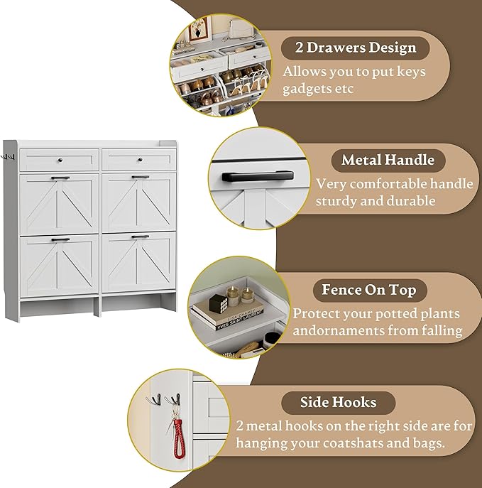 Shoe Storage Cabinet for Entryway, Farmhouse Wide Shoe Cabinet with 4 Flip Drawers and 2 Top Drawers, Freestanding Organizer with Adjustable Shelves, Hooks, and Anti-Tip Kit for Hallway