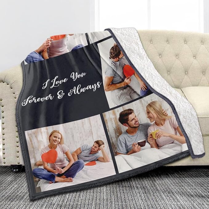 Custom Sherpa Fleece Blanket with Photos, Text, Soft, Warm, Fuzzy - Personalized Couples Gifts for Boyfriend, Girlfriend - Customized Picture Blanket for Birthday, Anniversary, Christmas