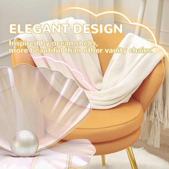 Velvet Vanity Chair with Back, Mid-Century Modern Small Accent Chair for Living Room, Golden Metal Legs Upholstered Makeup Chair, 1Pcs Bedroom Armchair, Brown