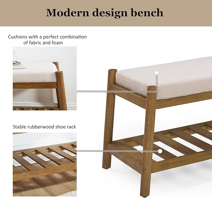 Upholstered Entryway Bench, Bedroom Bench for End of Bed, Dining Bench with Padded Seat for Kitchen, Living Room, Fabric Rubber Wood Indoor Bench (Beige)