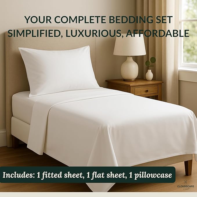 Cloud Scape Linen 100% Egyptian Cotton Sheets Twin Size, 3 Pieces Luxury Bedding Set, 400 Thread Count,Hotel Quality, Silky Soft, Breathable and Durable, Deep Pockets up to 15, White