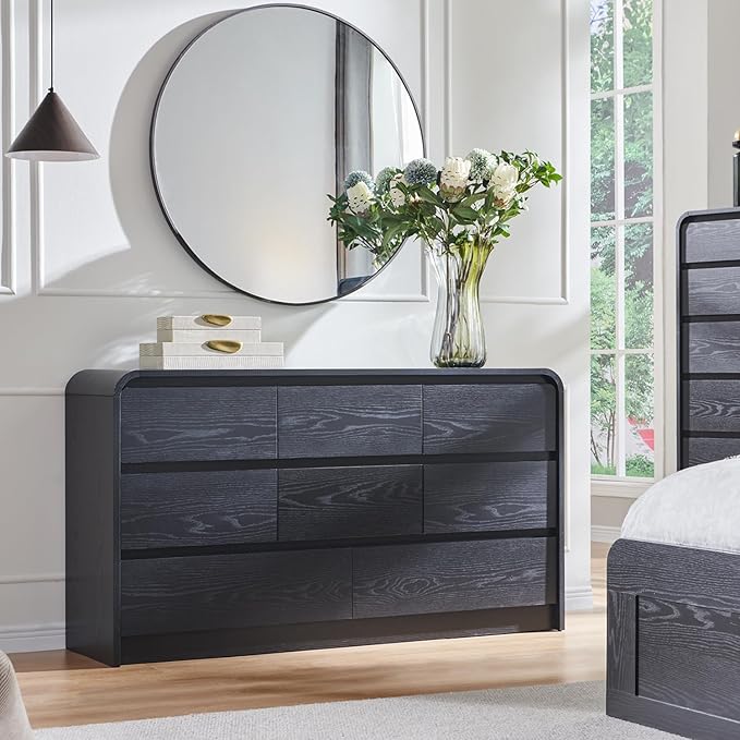 Modern 8 Drawers Dresser for Bedroom, 55" Wide Dressers & Chest of Drawers w/Curved Profile Design, Wood Mid Century Storage Dressers Organizer for Bedroom, Living Room, Black