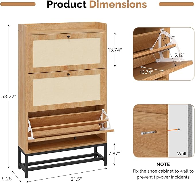 Slim Entryway Shoe Storage Cabinet with 3 Flip Drawers, Modern Freestanding Shoes Organizer Holds 16-20 Pairs, Closed Shoe Storage for Hallway, Foyer - Space-Saving Wood Shoe Cabinet