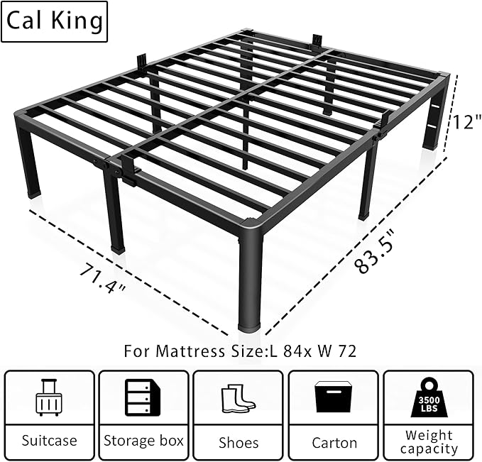 ROIL 12 inch California King Size Bed Frame Metal Platform No Box Spring Needed with Headboard Hole Round Corner Legs Mattress Retainers 3500LBS Heavy Duty Steel Slats Noise-Free Storage