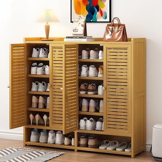 Bamboo Shoe Cabinet, 36-40 Pairs 7 Tier Shoe Rack with Doors, Freestangding Shoe Cabinet Organizer with Shelves, 43" Tall Shoe Rack Organizer for Entryway, Closet, Hallway