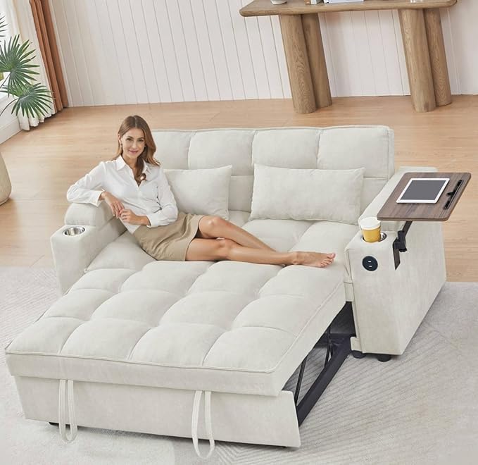 65'' Convertible Sleeper Sofa Bed with Adjustable Backrest, Chaise Lounge, Side Table & USB/Type-C Ports – Stylish & Functional Addition to Any Living Room (White)
