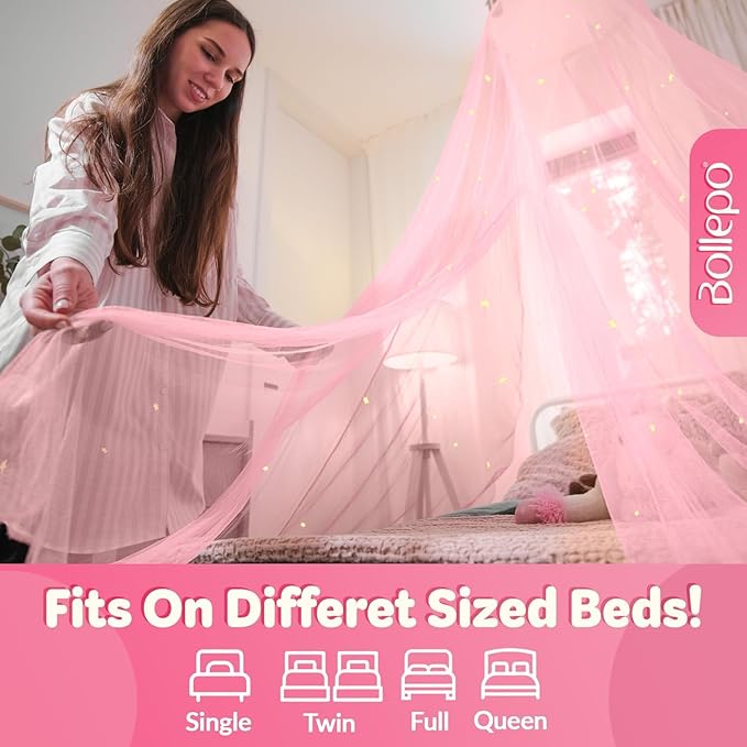 Pink Bed Canopy for Girls with Glowing Stars - Premium Canopy Bed Curtains | Fits Single, Twin, Full, Queen Size Kids Bed, Princess Netting Room Decor, Ceiling Tent to Cover Toddler, Canopy for Bed