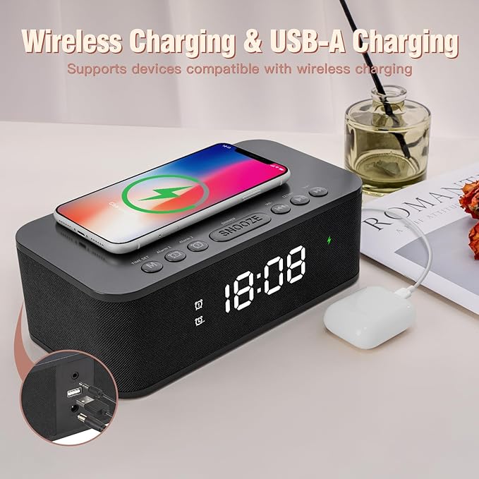 Dual Alarm Clock Radio Bedroom, Digital Alarm Clocks Bedrooms Bluetooth, Up to 10 Bedroom Alarms Clock White Noise 23 Soothing Sounds App/Button Control Snooze 12/24H FM Speaker Charging, Black