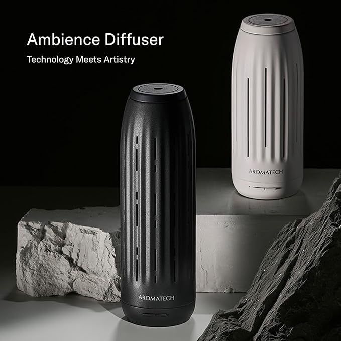 AromaTech Ambience Mini Scent Diffuser for Essential Oil Blends & Fragrances – Waterless Scent Machine w/Bluetooth for Smaller Spaces, Bathroom, Office, More - 600 Sq Ft – White Stone Acrylic