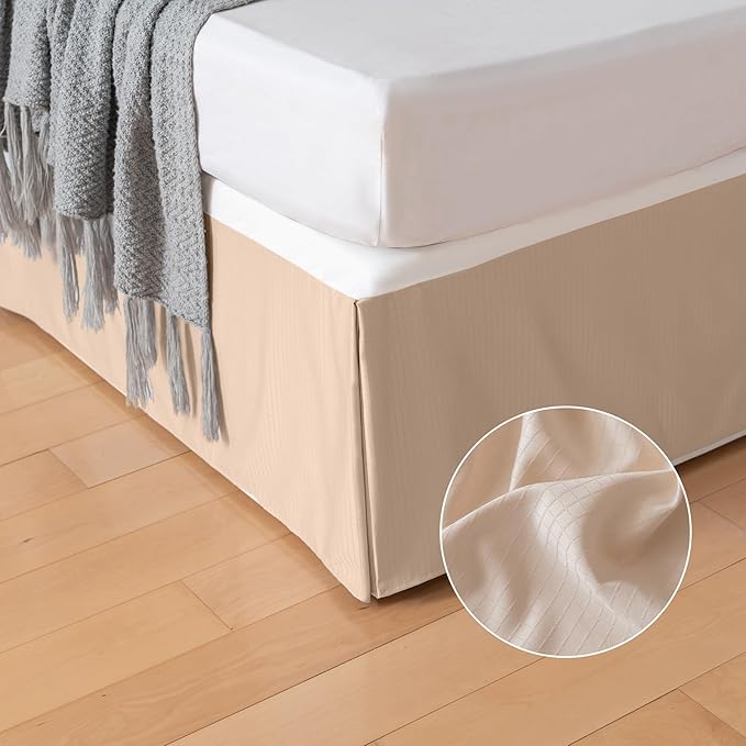 Queen Bed Skirt, Grid Plaid Soft Quadruple Pleated Ruffle Bed Skirt, Tailored Dust Ruffle 18 Inch Drop Easy Fit, Machine Washable (Beige)