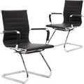 Wahson Office Guest Chairs Set of 2, Leather Reception Chairs, Mid Back Waiting Room Chair, Conference Chairs with Sled Base, Desk Chair No Wheels for Meeting/Lobby/Restroom, Black