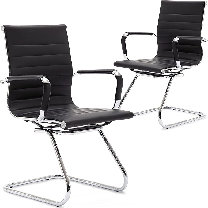Wahson Office Guest Chairs Set of 2, Leather Reception Chairs, Mid Back Waiting Room Chair, Conference Chairs with Sled Base, Desk Chair No Wheels for Meeting/Lobby/Restroom, Black
