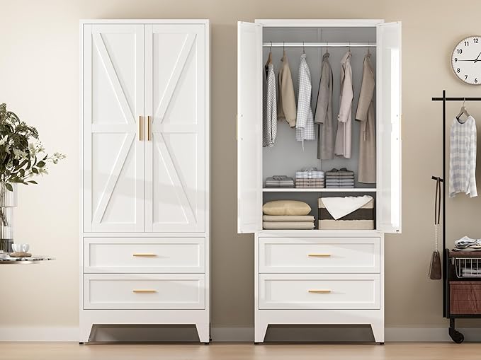 COFaR Metal Wardrobe Cabinet, 71 Farmhouse Armoire Wardrobe Closet with Rods, 2 Barn Doors, Adjustable Shelves, Steel with 2 Drawer Bedroom armoires, White