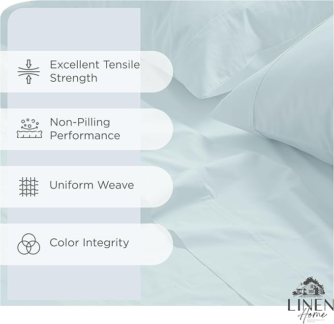 Linen Home 100% Cotton Percale Sheets King Size, Blue Duck Egg, Deep Pocket, 4 Pieces Set - 1 Flat, 1 Deep Pocket Fitted Sheet and 2 Pillowcases, Crisp Cool and Strong Bed Linen