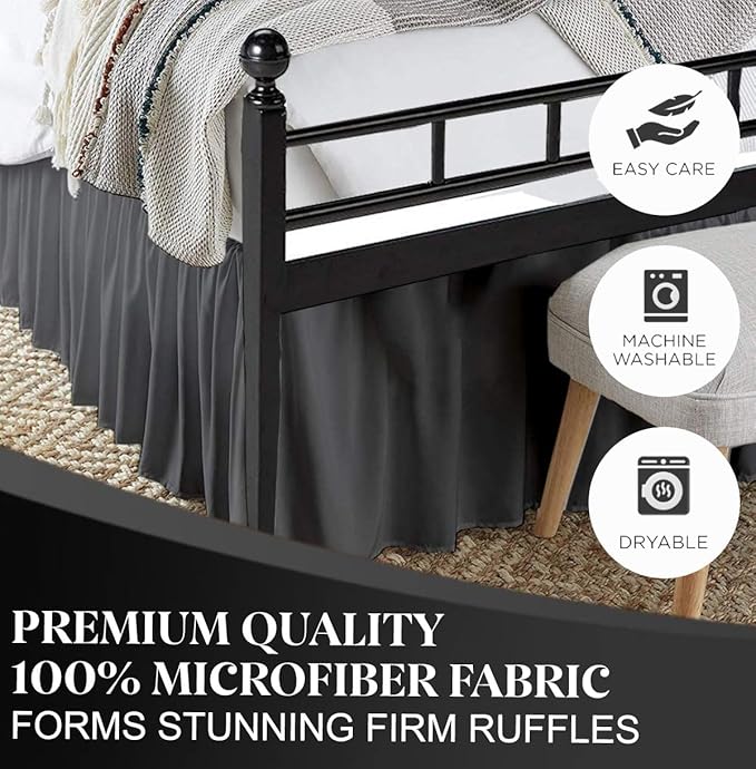Ruffled Bed Skirt with Split Corners, Dark Grey, Full 12 Inch Drop Bedskirt, Hotel Quality Brushed Microfiber Wrinkle Free Dust Ruffle Bed Skirt Full Size
