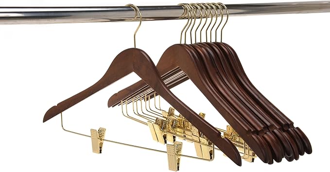 Quality Hangers Quality Wooden Skirt Hangers with Clips 80-Pack Walnut Pants Adjustable Gold Metal Clips, Swivel Hook, Coat, Jacket, Blouse Suit (Walnut - 80) 17.5'' inch