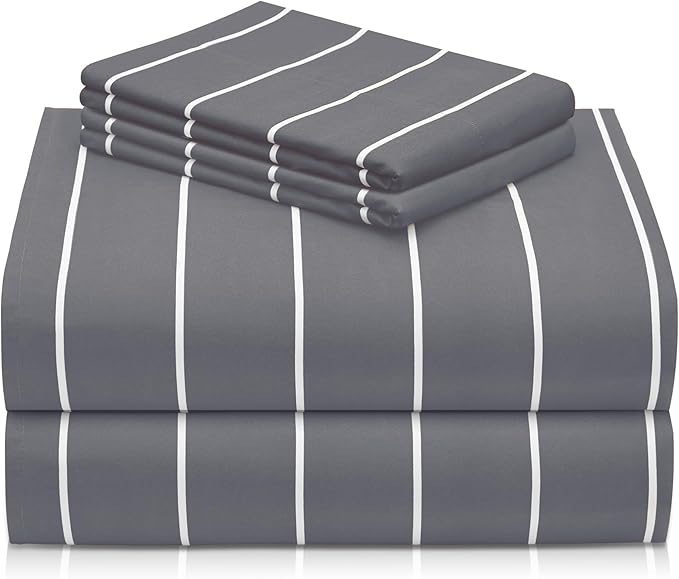 LuxClub 4 PC California King Sheet Set, Deep Pockets Wrinkle Free Cooling Bed Sheets Hotel Bedding for Women, Men, Includes 1 Fitted Sheet, 1 Flat Sheet and 2 Pillowcases-Striped -Light Grey