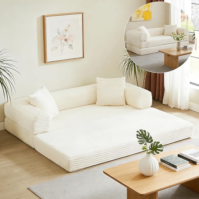 78 Inch Convertible Futon Sofa Bed,Folding Boneless Couch with Sleeper Sofa,Fold Out Floor Sofa Couch with Deep Seat,Cloud Corduroy Foldable Mattress Couches for Living Room(Off White)