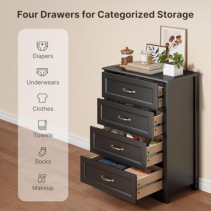 Gizoon Dresser for Bedroom with 4 Drawers Wooden Chest of Drawers for Closet Dresser Storage Unit Organizer for Hallway Living Room and Office, Black