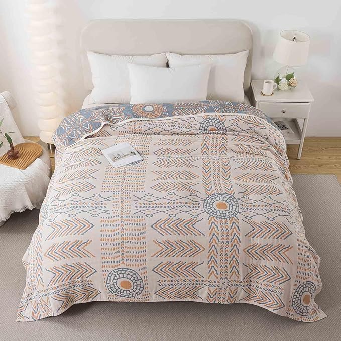 Qidordour Boho Throw Blanket, 80"x90" Muslin Blankets, 100% Organic Cotton Blanket for Couch Sofa, Lightweight Quilt, All Season Bed Throw, Farmhouse Home Decor, D-Indian Arrowhead