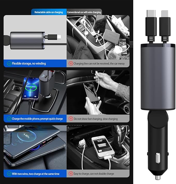 Retractable Car Charger，4 in1 Fast Car Phone Charger with Dual Retractable Cables and 2 Charging Ports (Type C+Lightning Retractable Cords)