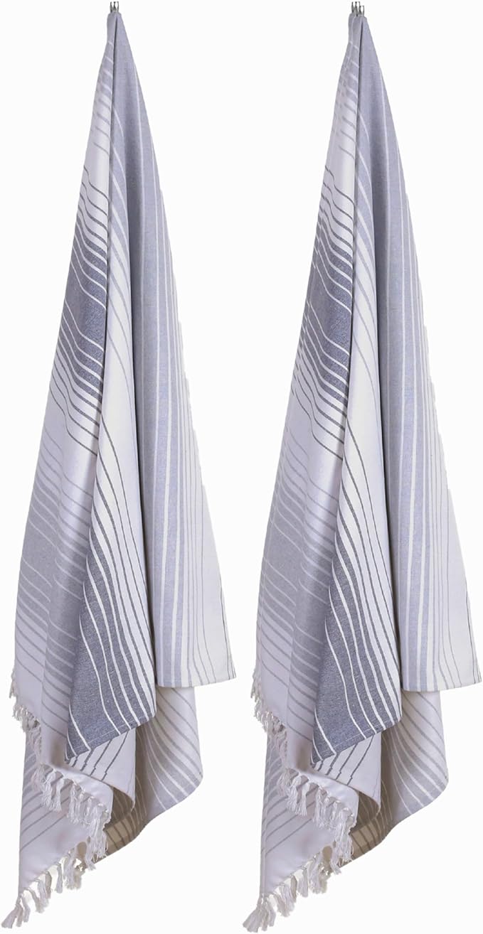 Native Fab 100% Cotton Peshtemal Turkish Bath and Beach Towels Set of 2, Large 40x71 Travel Sarong Gym Pool Spa Towels, Ultra Soft Quick Dry Absorbent Fouta Hammam Peshtemal Towels Grey White