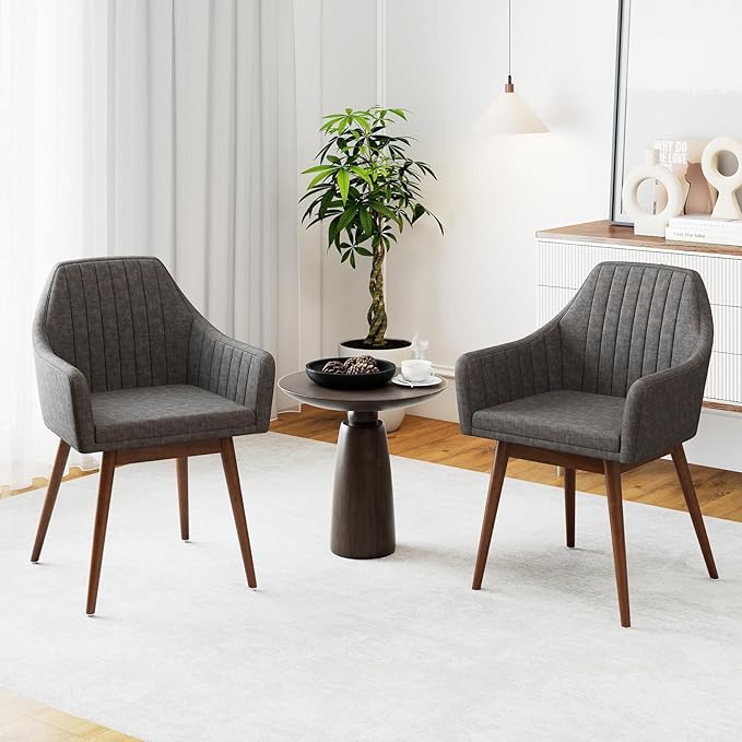 Giantex Upholstered Dining Chairs Set of 4, Mid Century Kitchen Chairs with Solid Wood Legs, Wrap-Around Backrest, Modern Accent Armchair for Living Room, Dining Room, Bedroom, Light Grey