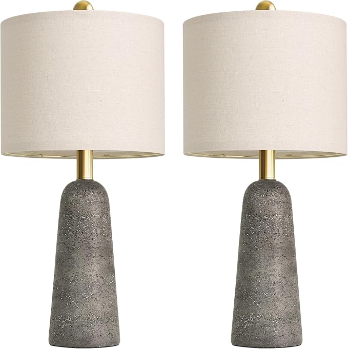 BOBOMOMO 21" Modern Table Lamps Set of 2, Gray Resin Lamp with Stone Look, Small Bedside Lamps for Bedroom, Contemporary Nightstand Lamps with Linen Shades, Small Lamp for Nursery, Entryway