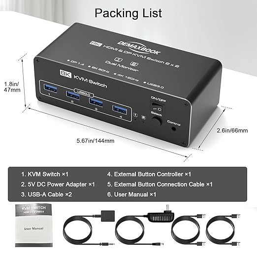 DEMEXBOOK Dual Monitor DisplayPort KVM Switch 2 Monitors 2 Computers 8K@60Hz 4K@144Hz,KVM Switch 2 Computers Share 2 Monitors, 4 USB 3.0 Ports, Supports Extended/Copy Mode with Remote & USB Cables