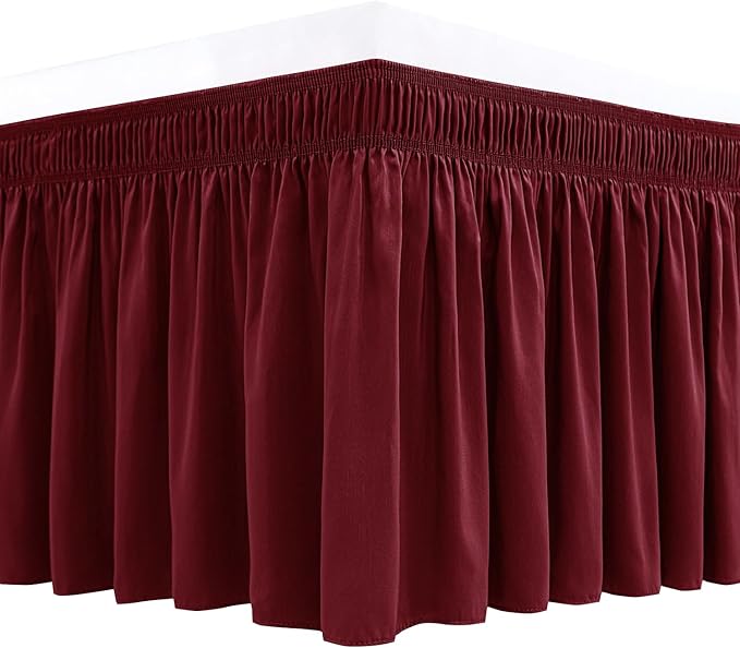 Biscaynebay Wrap Around Bed Skirts for King & Cal King Beds 18" Drop, Burgundy Adjustable Elastic Dust Ruffles Easy Fit Wrinkle Resistant Silky Luxurious Fabric Machine Washable