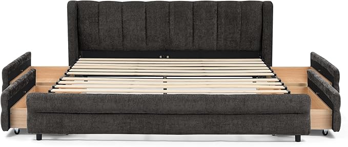 DEINPPA Queen Size Bed Frame with 4 Storage Drawers and Cloud Soft Headboard, Chenille Upholstered Grounded Wood Base Bed Frame, No Box Spring Needed-Dark Grey